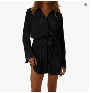 Women's V Neck Button Down Pleated Long Sleeve Mini Shirt Dress Belt NWOT Med